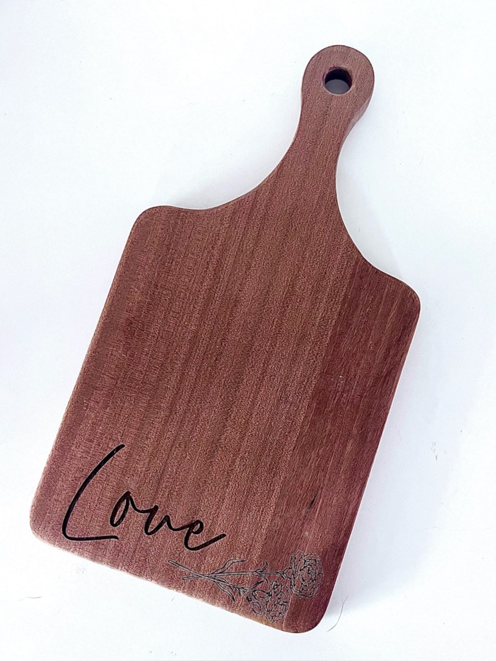 Wooden Cheese, Charcuterie Cutting Board. Engraved with ‘Love” & Carnations